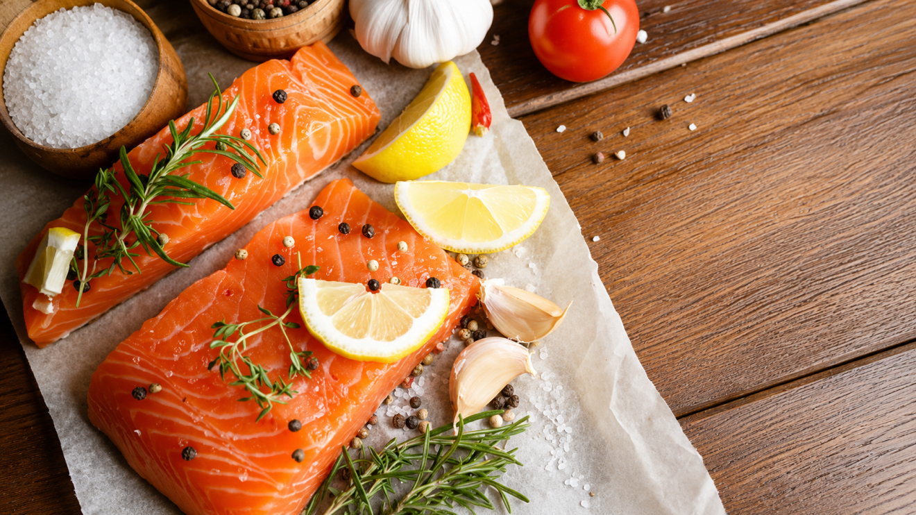 10 Foods To Eat More Often To Support Healthy Aging 4 Two Raw Salmon Fillets With Lemon Wedges, Rosemary, Garlic, Salt, And Peppercorns Arranged On Parchment Paper Over A Rustic Wooden Table.