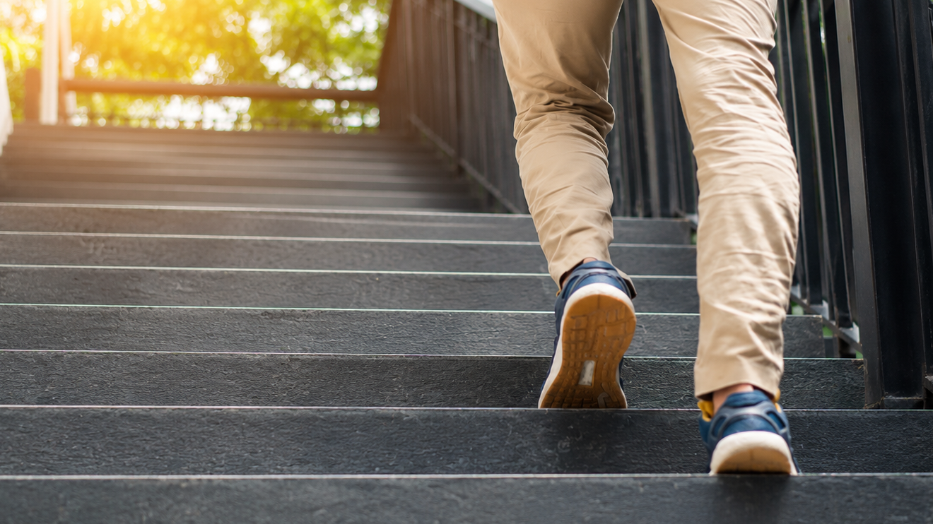 Healthy Aging Doesn'T Have To Be Complicated: 6 Simple Habits That Actually Work 3 Low-Angle View Of A Person Wearing Beige Pants And Blue Sneakers Climbing A Dark Outdoor Staircase In Warm Sunlight, With Black Railings And Greenery In The Background.