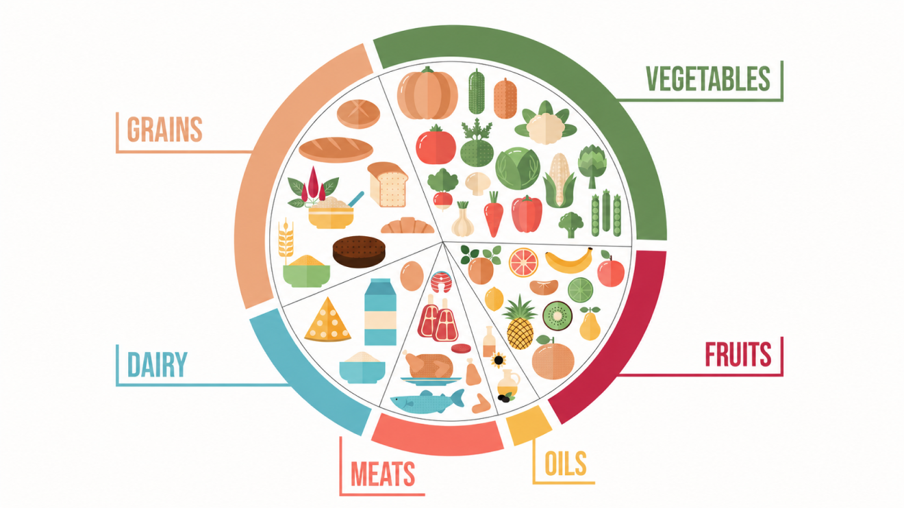 Your Simple Wellness Stack: 6 Daily Habits For Everyday Health 2 Infographic Of A Circular Food Plate Divided Into Sections Labeled Vegetables, Fruits, Oils, Meats, Dairy, And Grains, With Colorful Illustrations Of Foods In Each Category, Including Pumpkin, Cabbage, Peas, Bananas, Citrus, Fish, Chicken, Cheese, Milk, Bread, Pasta, And Rice.